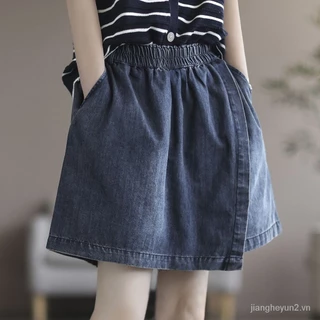 Co Giãn Eo Váy Denim Mùa Hè 2024 Cao Cấp Ôm Hơn Nhìn Béo mm Quần Short Nữ Culottes Giả Hai Mảnh Một Mảnh