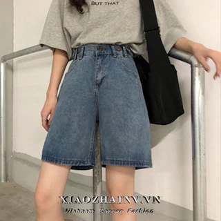 Xiaozhainv Quần Áo Nữ Hàn Quốc Màu Xanh Rời Quần Short Denim Mùa Hè Sang Trọng Thường Ngày Eo Cao Ôm Quần Ống Rộng