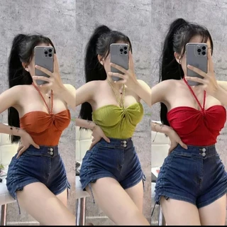 Áo croptop nữ kiểu cổ yếm phối dây chéo cổ ôm body chất vải thun xốp Quảng Châu 4 chiều FreeSize