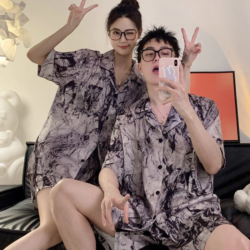 Bộ đồ ngủ cặp đôi, bộ đồ mặc nhà ngắn tay cao cấp mùa hè bằng lụa băng dành cho nữ