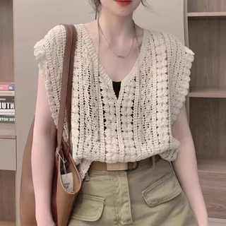 Cotton Móc Áo Gợi Cảm Dệt Kim Rỗng Áo Thun Không Tay Rời Nữ Quần Áo Mùa Hè 2023 Mới Vintage Tee Femme