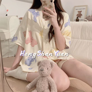 Heng Shan Yuan Bộ đồ ngủ ngắn tay dành cho nữ hoạt hình dễ thương thoải mái và giản dị quần short ngắn tay phù hợp với đồ ngủ