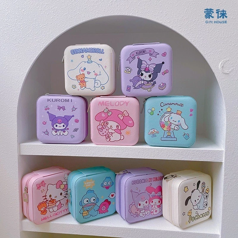 Sanrio Hoạt Hình Di Động Du Lịch Jewel Case Kawaii Giai Điệu Cinnamoroll Kuromi Cô Gái Bông Tai Mặt Dây Chuyền Vòng Hộp Bảo Quản Cô Gái Quà Tặng