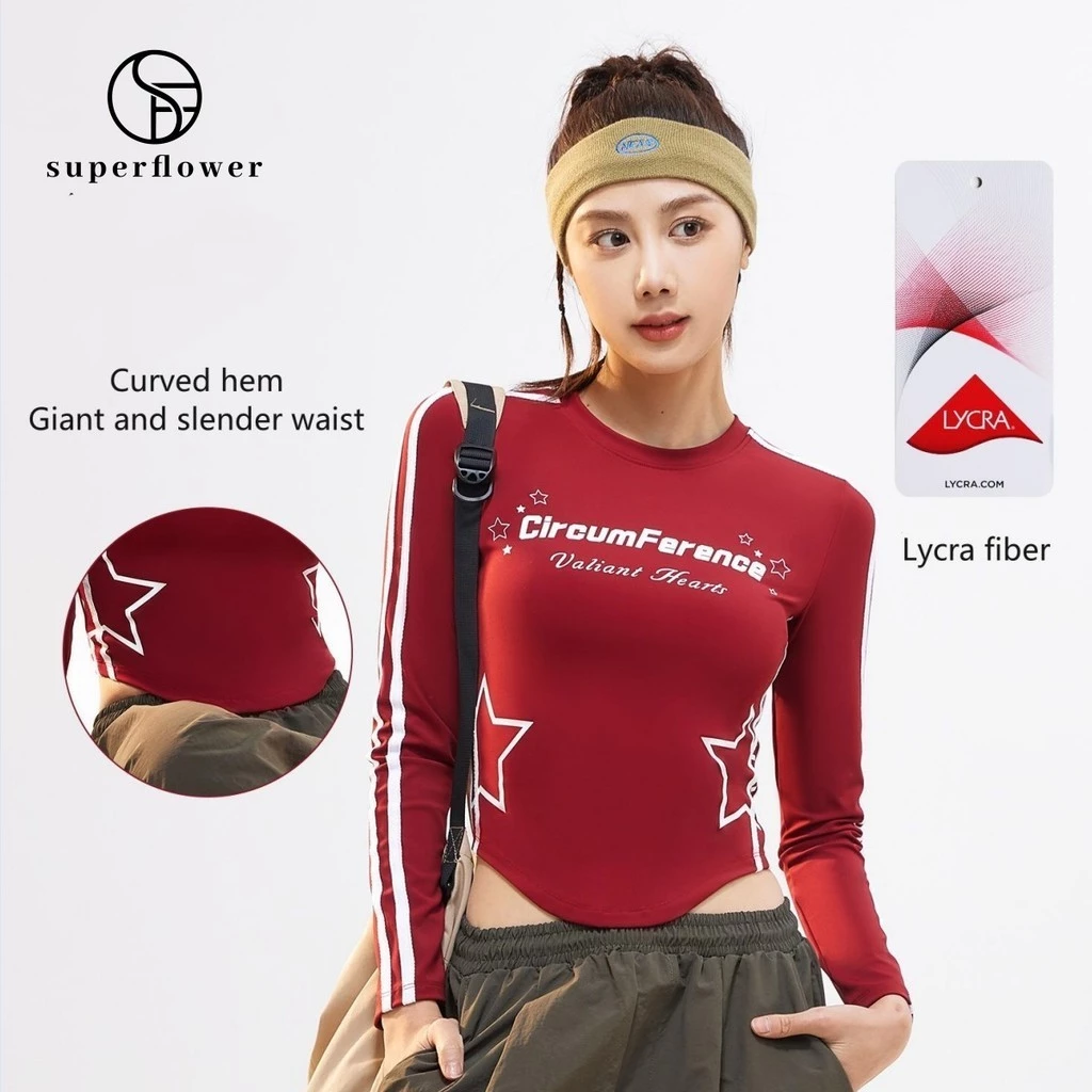 Superflower Thời Trang Lycra Áo Sơ Mi Thể Thao Sọc In Hình Dài Tay Top Slim Phù Hợp Cho Thể Thao Tập Yoga Thể Dục