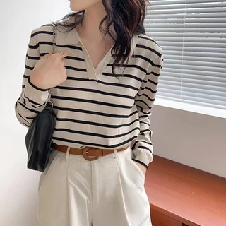 Phong Cách Hàn Quốc Nữ Nữ Rời Dệt Kim Sọc Áo Sơ Mi Dài Tay Áo Baju Baju Wanita Lengan Panjang Áo