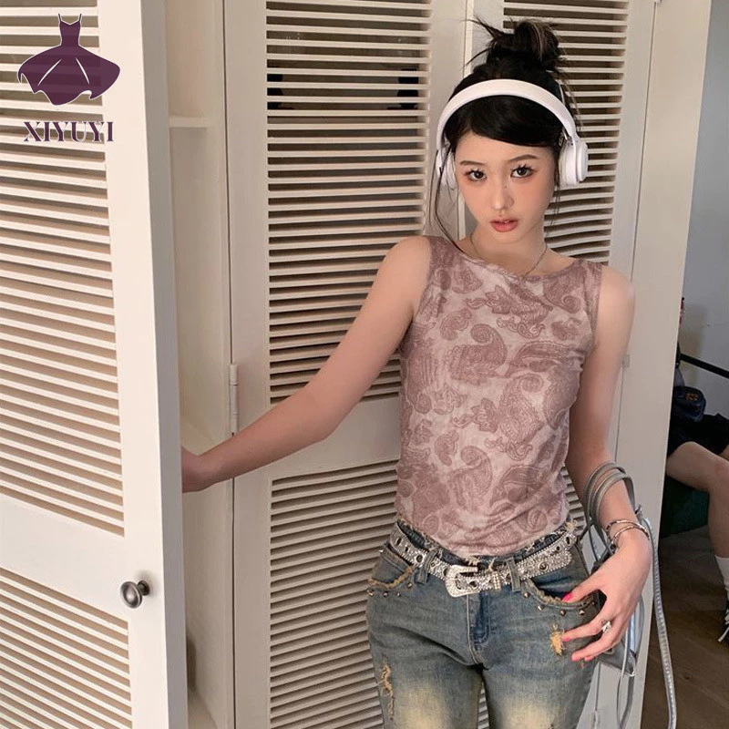Xiyuyi Áo Vest Nữ Phong Cách Hồng Kông Không Tay In Hình Lưng Suspender Mới Hot Girl Slim Top