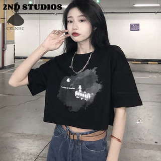 Áo thun croptop ngắn tay STUDIOSCRLNHC cổ tròn và in họa tiết rộng cho quần áo nữ thời trang mùa hè