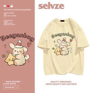 SELVZE Hoạt Hình Dễ Thương Thỏ In Hình Cotton Nguyên Chất Cổ Tròn Áo Rời Thường Ngày Nữ Retro Áo Thun Nữ