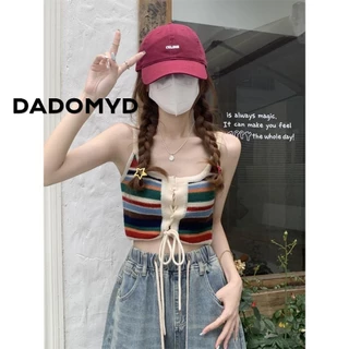 DADOMYD Áo Vest Sọc Cầu Vồng Retro, Cô Gái Gia Vị Mùa Hè Gợi Cảm, Hợp Thời Trang Ngọt Ngào Thường Ngày Crop Top Street