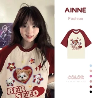 AINNE Mỹ Retro In Màu Sắc Tương Phản Áo Thun Nữ Mùa Hè Rời Thiết Kế Niche Nửa Tay Cotton Nửa Tay Áo