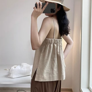 [Nấm] Mùa Hè Phong Cách Mới 2024 Phiên Bản Hàn Quốc Vải Lanh Cotton Nhỏ Camisole Rời Ôm Hơn Nhìn Cổ Phẳng Không Tay Top Phong Cách Mỏng Mặc Ngoài