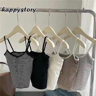 Sọc Trắng Nhỏ Cami Nữ Mùa Hè Gợi Cảm Nút Ôm Vừa Vặn Ngắn Có Miếng Lót Ngực Top Happy Story