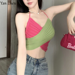 Yanzhen Áo vest nữ không tay treo cổ chữ v màu tương phản ngọt ngào gợi cảm Hàn Quốc thiết kế giảm béo lưng áo