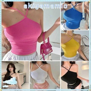 Áo Crop Top AKIYAMAMIO Cami, Áo mùa hè Dopamine ngắn, Áo dây buộc mỏng thẩm mỹ