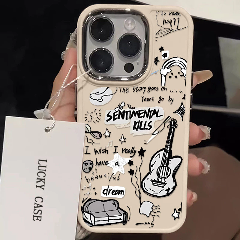 Vỏ điện thoại họa tiết đàn Guitar tiếng Anh sáng tạo Tương thích cho IPhone 15 13 14 12 11 X XR Xs Max 14pro Se2020 7 / 8 Plus Vỏ khung viền vuông chống sốc bằng silicon