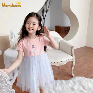 Váy bé gái MOMCHOOS, váy gạc mỏng trẻ em, váy công chúa cầu vồng kỳ lân