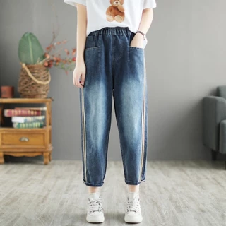 Denim đã giặt (Quần dài đến mắt cá chân) Quần Harem giảm béo phong cách Hàn Quốc mới sọc