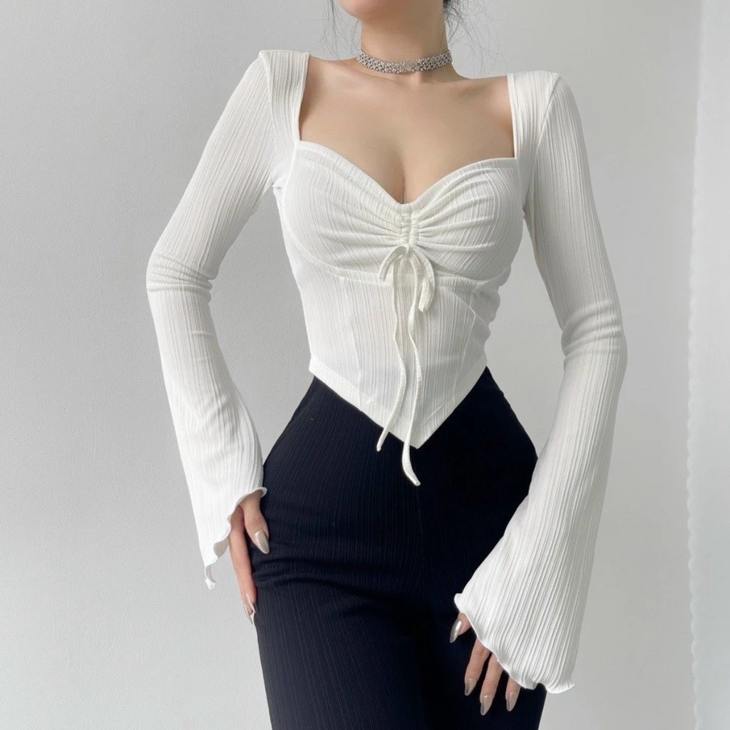 Áo kiểu nữ tay dài  cổ vuông phối dây rút ngực gợi cảm A5744