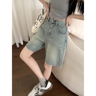 [Giảm giá hấp dẫn] Quần short Denim năm điểm màu xanh nhạt mùa hè dành cho nữ được giặt đau khổ eo cao dáng rộng phù hợp với quần ống rộng thẳng