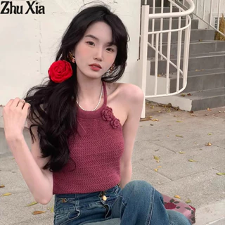 Zhu Xia Áo Vest Nữ Mùa Hè Phong Cách Hồng Kông Đa Năng Retro Dệt Kim Dây Áo Vest Đỏ Crop Top