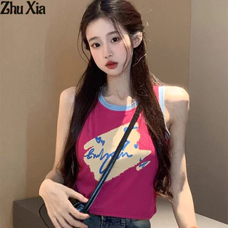 Áo Vest nữ Zhu Xia Ngọt ngào và cay Dopamine Màu tương phản Slim Fit Áo hai dây không tay ngắn