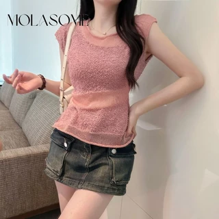 Molasome Nữ 2024 Thời Trang Mới Màu Cổ Tròn Không Tay Slim Fit Áo Thun Dệt Kim