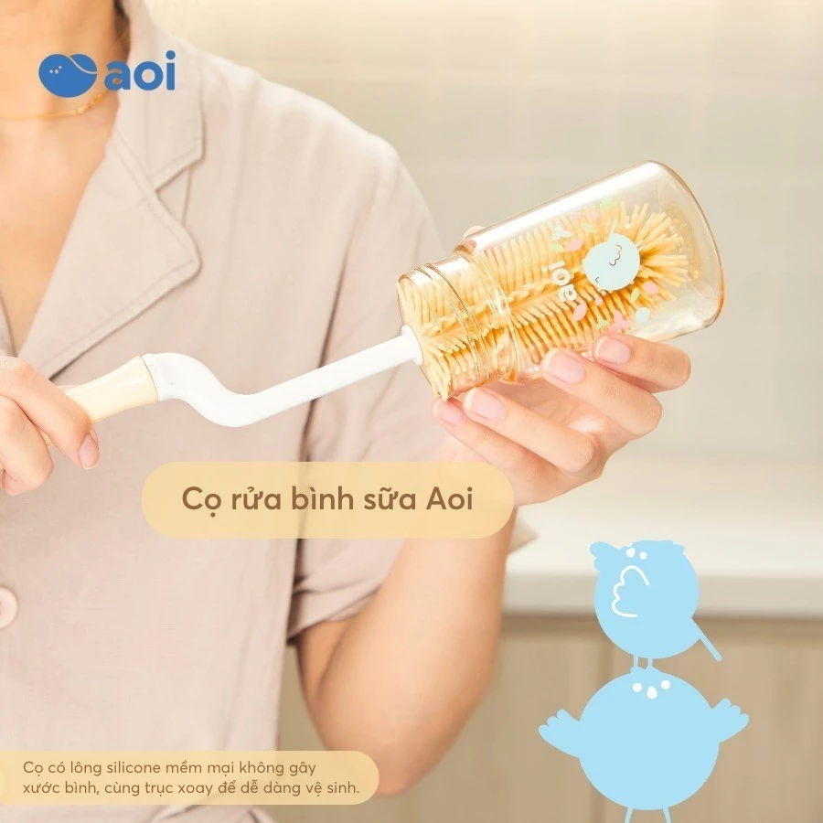 Bộ vệ sinh bình sữa Aoi, 2 Trong 1, làm bằng Silicon, An toàn cho Bé, không chứa chất BPA độc hại