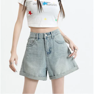 Quần short denim còng nữ mùa hè BH Quần ngắn ống rộng chữ A lưng cao mỏng