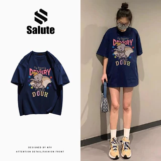 Áo phông nữ Xanh đậm form rộng mùa hè local brand Salute cổ tròn áo thun in hình cute con voi 100% cotton Y0787