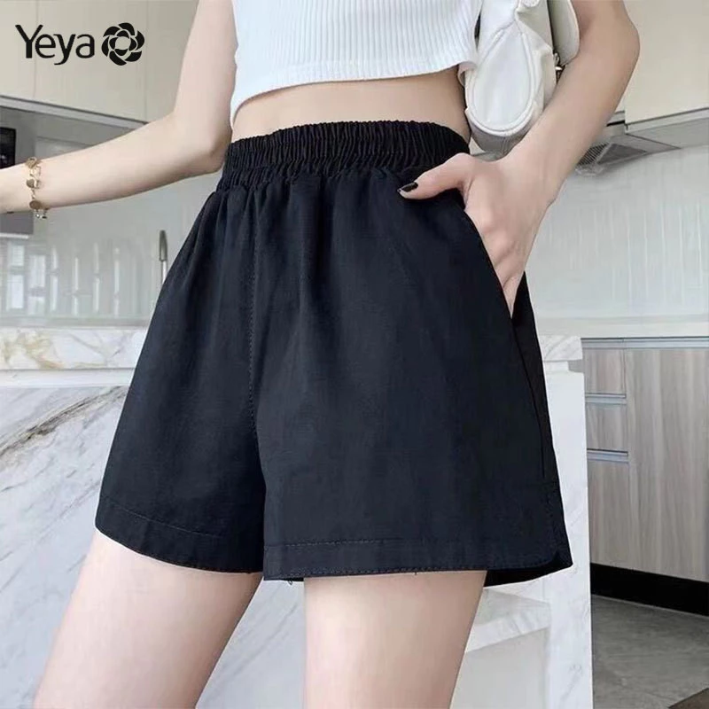 Yeya Quần short lưng cao nữ cotton co giãn Quần ngắn ống rộng quần short