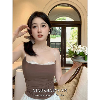 Xiaozhainv Hàn Quốc Màu Cà Phê Khâu Đơn Giản Camisole Nữ Mùa Hè Gợi Cảm Và Đa Năng Crop Top