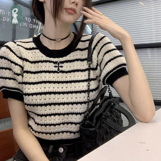 [Flvn] Áo thun dệt kim ngắn tay sọc mùa hè dành cho nữ cổ tròn cổ điển Áo Crop Top mới