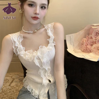 Xiyuyi Áo vest nữ ren dệt kim nhỏ treo mặc bên ngoài hot girl áo ngắn