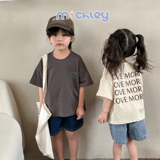 Michley Áo thun ngắn tay cho trẻ em bé gái cotton nguyên chất phong cách mùa hè dáng rộng bé trai mùa hè nửa tay áo