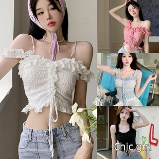 Phụ Nữ Crop Camisoles Màu Trơn Frills Dây Rút Không Tay Lưng Xe Tăng Áo Vest Mùa Hè Áo Dạo Phố