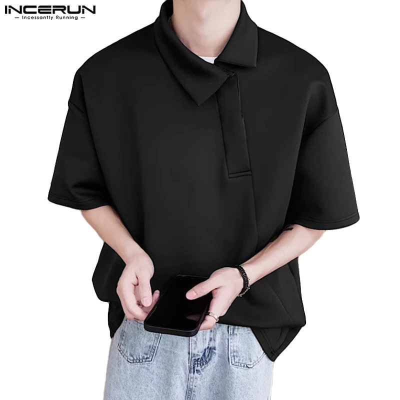 Incerun Nam Hàn Quốc Placket Ve Áo Sơ Mi POLO Tay Ngắn Màu Trơn