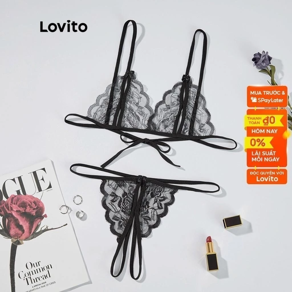 Bộ đồ lót Lovito vải ren gợi cảm L12084 (màu trắng / đen) lọt khe bikini m L12084 (màu trắng / đen)