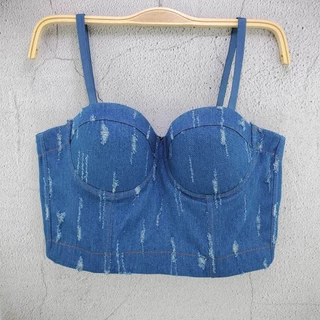 Denim Camisole Chia Kích Thước Quấn Ngực Thép Nhẫn Nữ Top Rỗng Áo Vest