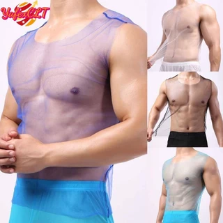 <YAFEXCLT>Sexy-Mens Mesh Crop Tops T-Shirt Fishnet See-through GYM Shirt Tank Top Blouse