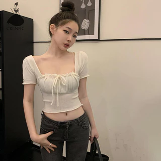 Crlnhc Mùa Hè Hottie Cổ Vuông Tay Ngắn Dệt Kim Áo Thun Nữ Dây Rút Mỏng Crop Top vn