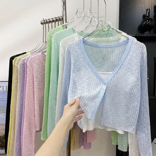 Áo khoác cardigan dệt kim chống nắng cổ chữ V mùa hè dành cho nữ áo khoác mỏng dài tay