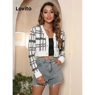 Lovito Áo cardigan cơ bản có nút Gingham dành cho nữ LNL61327