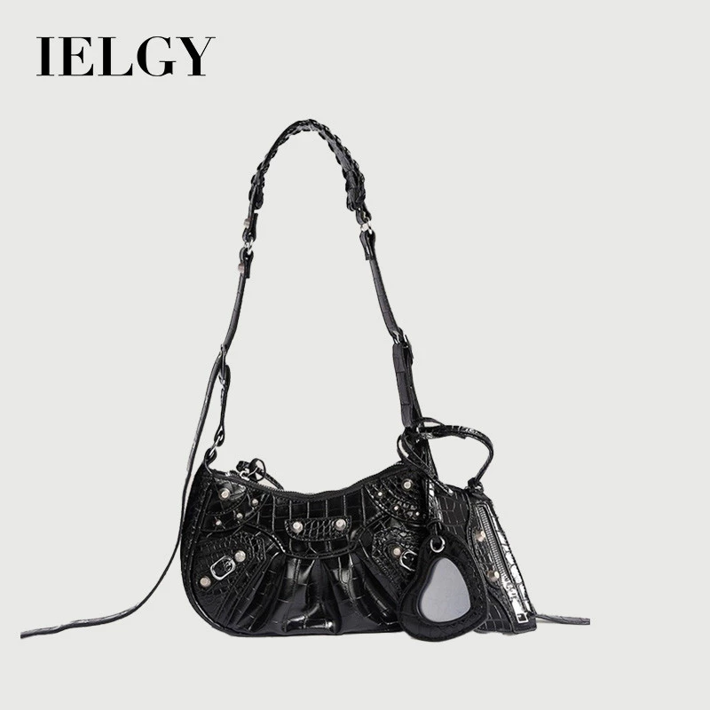 IELGY Thời Trang Hợp Thời Trang Túi Xe Máy Nách Túi Đinh Tán Tua Rua Cảm Giác Cao Cấp Xếp Ly Vai Messenger Túi Nữ