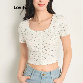 Lovito Áo thun in hoa có nút phía trước phong cách Boho Ditsy dành cho nữ L83ED255