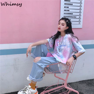 Whimsy phong cách Hàn Quốc dáng rộng vừa phải phong cách Harajuku buộc dây mùa hè mới áo thun nữ tay ngắn thời trang sinh viên