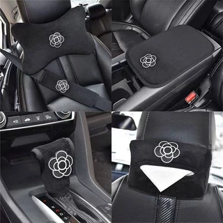 Black Camellia Plush Car Steering Wheel Cover Four Seasons Universal Car Seat Headrest Neck Pillow Lumbar Support Pillow Camellia Series Set 0W93