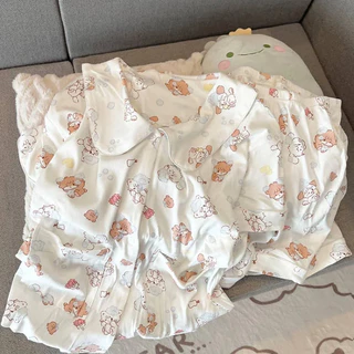 Mikko Búp Bê Cổ Bộ Đồ Ngủ Loungewear Phù Hợp Với Nữ Mùa Hè ins Hoạt Hình Tay Ngắn Phong Cách Mỏng