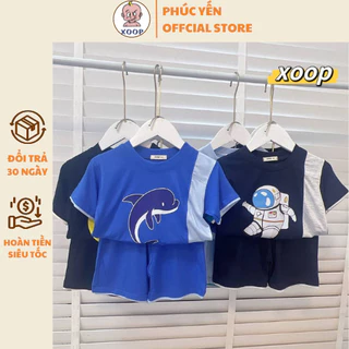 Đồ mặc nhà Bộ cộc tay XOOP cotton lụa cho phối áo in cánh cụt,mặt cười cá heo cho bé trai bé gái (10-25kg) XC34