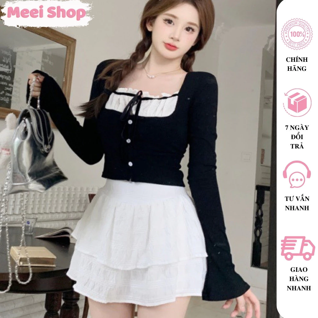 Áo croptop nữ tay dài cổ vuông phối bèo cột nơ trước ngực Meei Shop, Áo kiểu nữ phong cách tiểu thư sang trọng -A404-