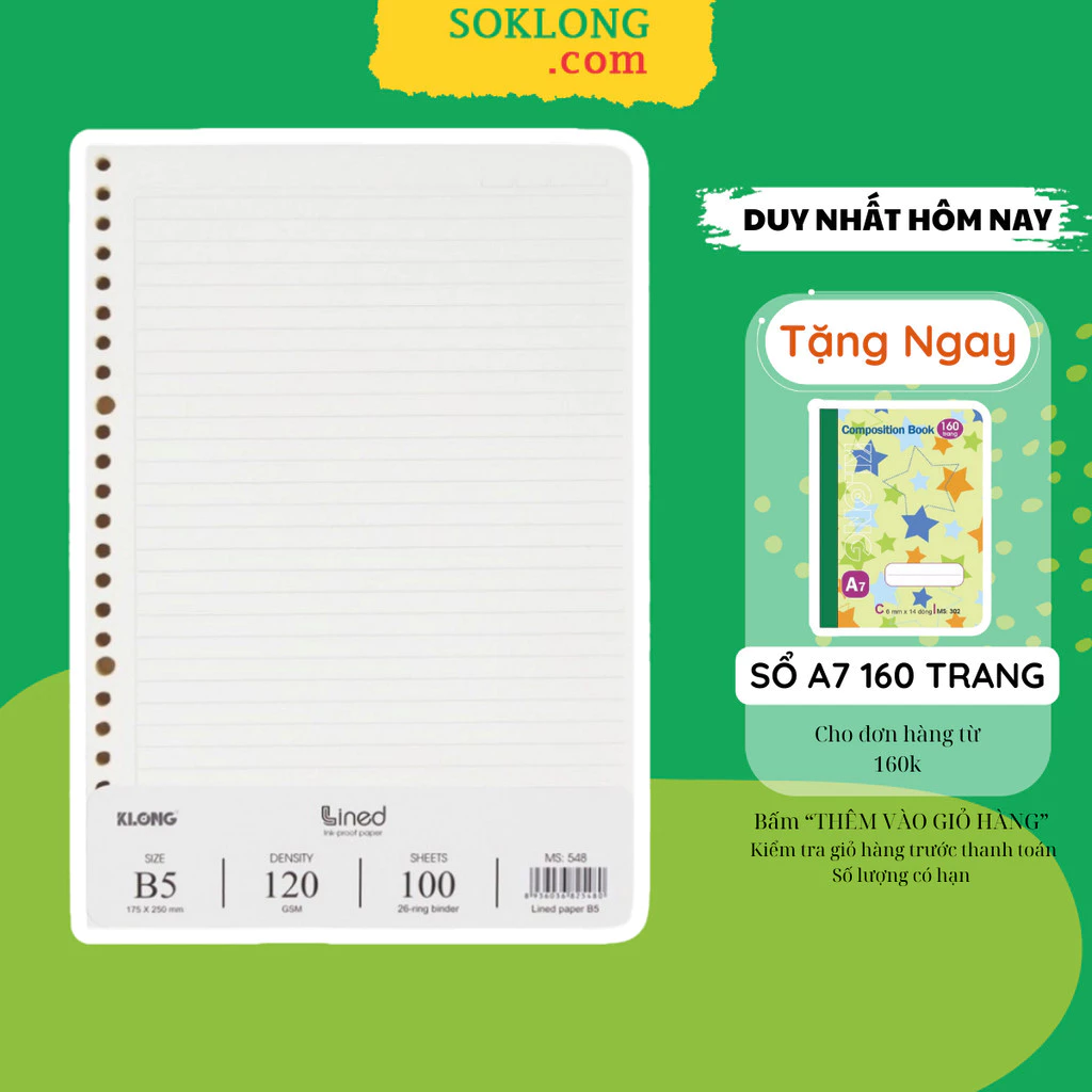 Ruột sổ còng Klong B5 MS 548 100 tờ kẻ ngang [SOKLONG], giấy refill binder Klong